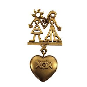 Danecraft Vintage Best Friends XOX Dangling Heart Brooch Pin Gold Tone